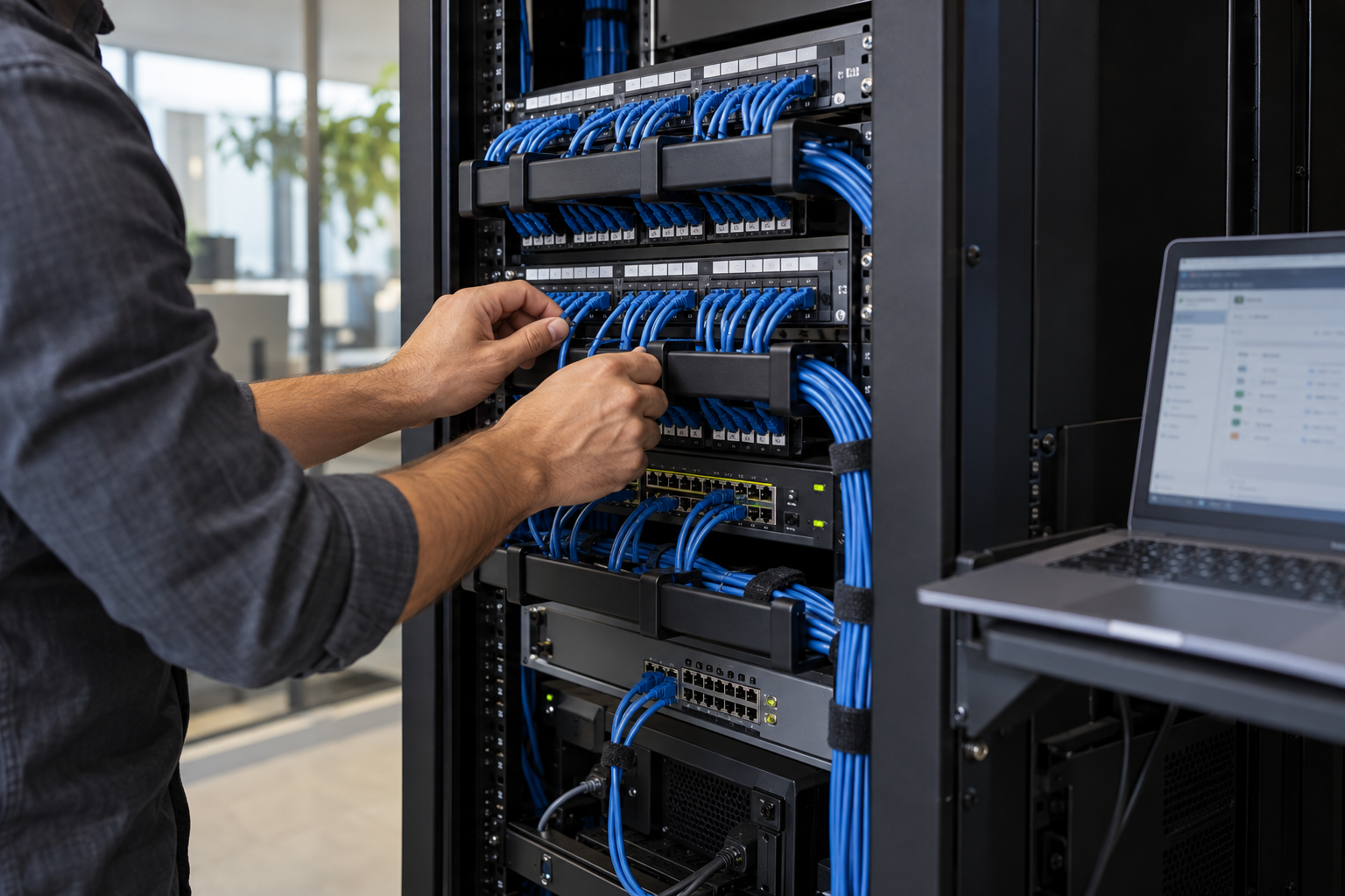 Cena ilustrativa de integração técnica: conexões organizadas em um rack de rede