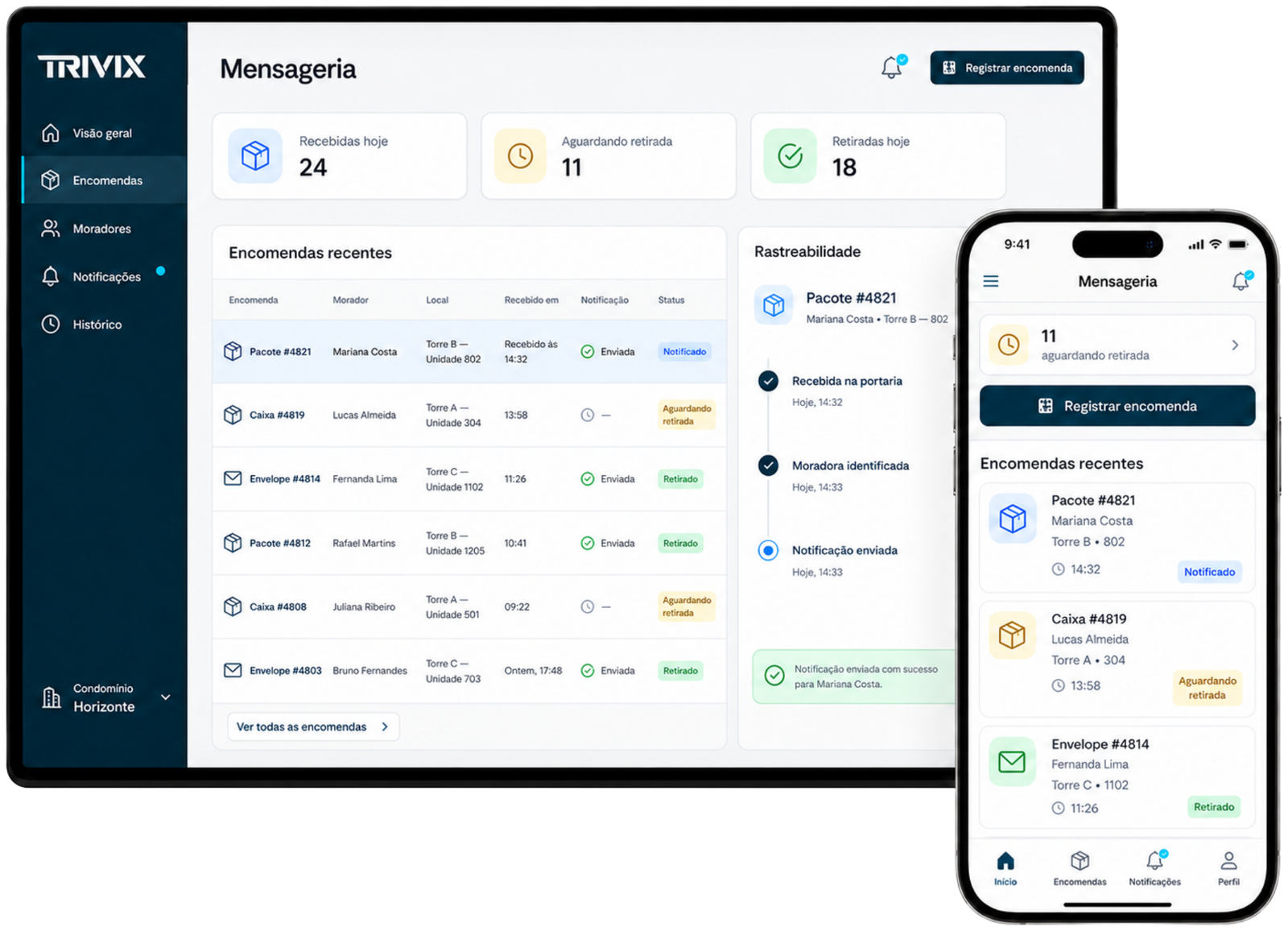 Interface do sistema de mensageria inteligente para gestão de encomendas em condomínios